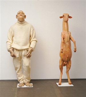 A surreal diptych featuring a humanoid figure in a sweater and a goat-like creature standing upright.