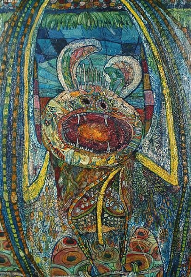 A colorful, textured portrait of a fantastical creature with an open mouth and large ears.