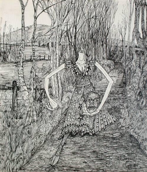 A surreal black-and-white drawing of a skeletal figure with elongated limbs emerging from a forest path.