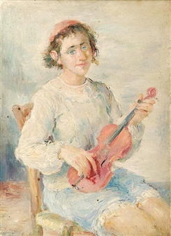 A pastel portrait of a seated figure holding a violin, rendered in soft, impressionistic brushstrokes.