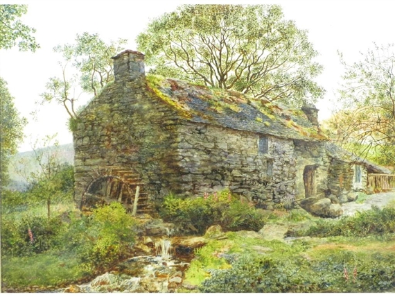TWO WORKS: A Welsh Watermill ; A Bridge over a River, North Wales; by William Davis