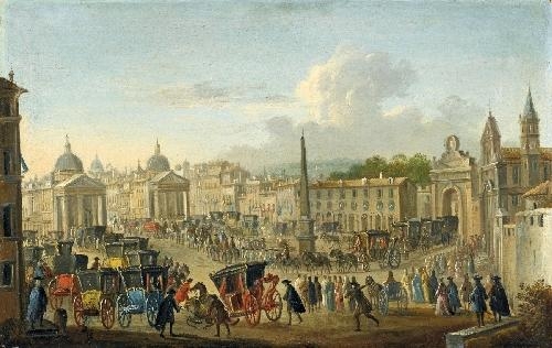 Artwork by Monogrammist A.B., PIAZZA DEL POPOLO MIT DEM EINZUG EINES FÜRSTEN IN ROM, Made of oil on canvas