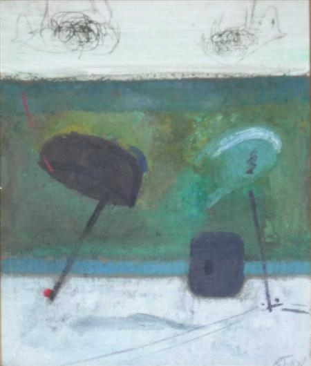 BEACHED FISHING BOATS AND SHEEP by Keith Purser, 1993