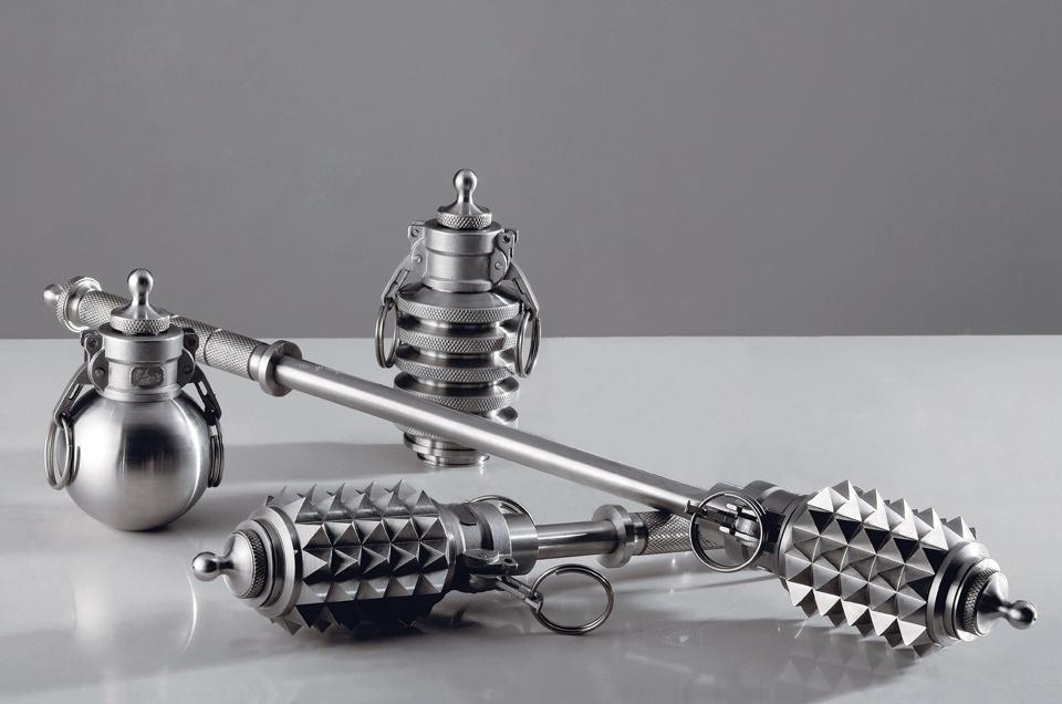 Artwork by Shi Jinsong, (1)Long Mace Bottle (2) Mace Bottle (3) Baby's Bottle - GrenadeⅠ (3/6) (4) Baby's Bottle - GrenadeⅡ （Four Pieces), Made of Stainless Steel