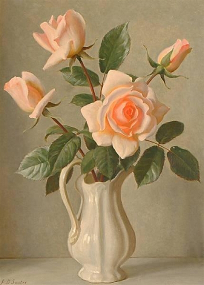 Jug of peach roses by John Bulloch Souter