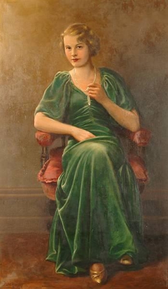 Philip Howden | Portrait of a lady in a green dress with string of pearls  (1936) | MutualArt