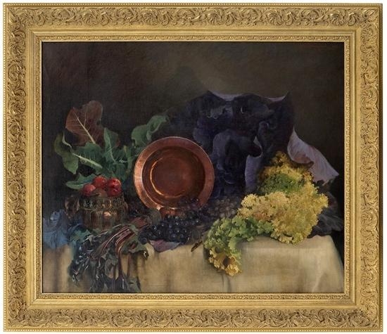 Arrangement with copper plate, vegetables and fruit by Asta Nørregaard, 1925
