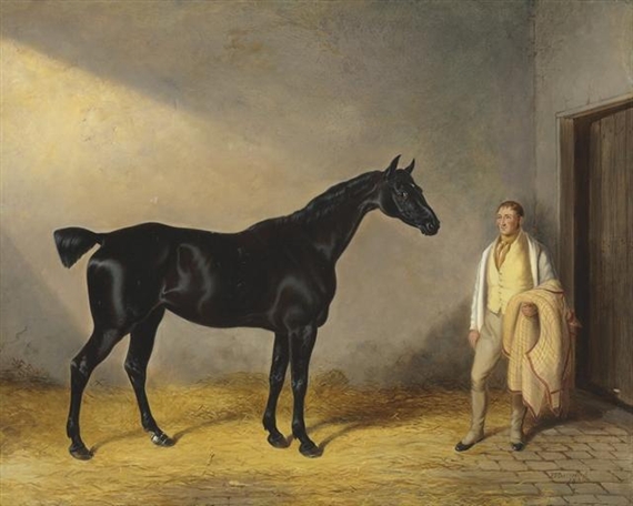 A dark bay hunter with a groom in a stable by William Barraud, 1833