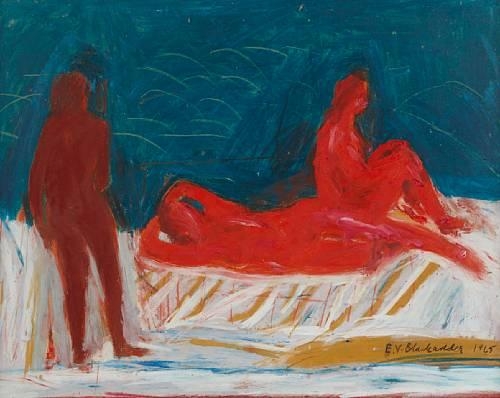Artwork by Elizabeth Blackadder, 'Three Bathers', Made of mixed media on board