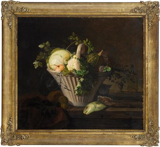 Still Life with Vegetable-basket and Fish by Frants Diderik Bøe, 1842