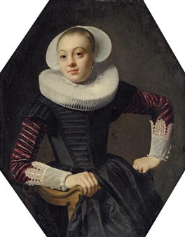 Portrait of a lady, seated three-quarter-length, in a black dress with red slashed sleeves, lace cuffs and a ruff - Thomas de Keyser