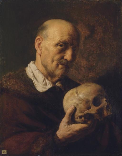 vanitas: An old man, half-length, in a fur-lined coat, holding a skull by Jan Lievens