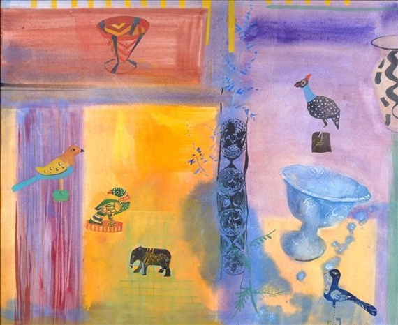 A colorful collage-style painting featuring a bird, elephant, and decorative objects against a vibrant background.