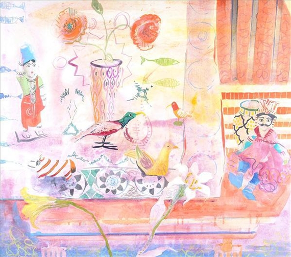 A whimsical watercolor scene filled with colorful birds, flowers, and stylized figures.