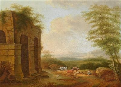 Southern landscape with ruins and shepherds by Bernhard Gottfried Manskirch