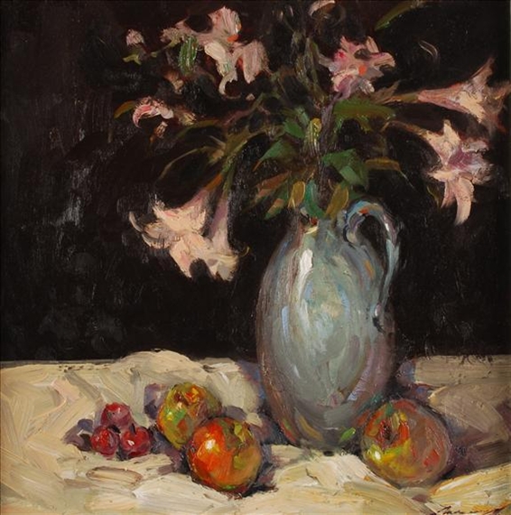 Still life of flowers and apples