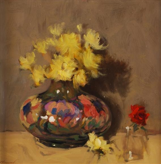 Still life of flowers in a Moorcroft vase