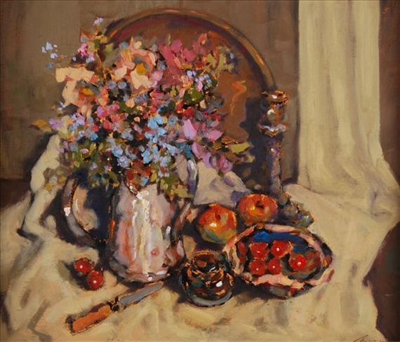 Still life of fruit and flowers