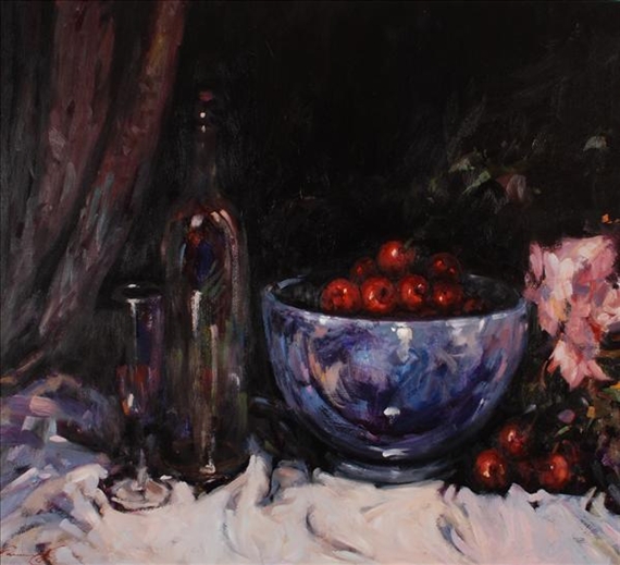 Still life of wine bottle, glass and cherries in a bowl by Ken Moroney