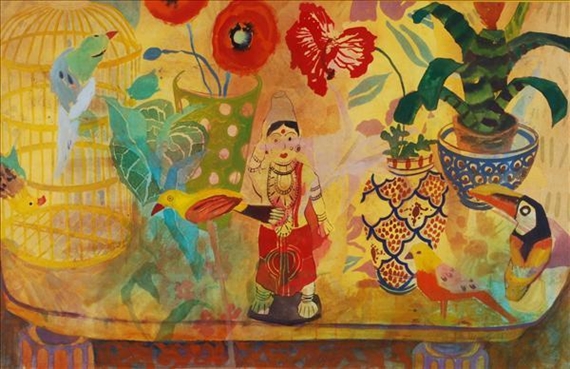 A vibrant, folk-art style composition of a colorful table scene filled with birds, flowers, and a central figure.