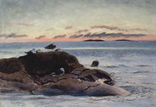 Sildemaker pa klippe ved solnedgang by Bruno Liljefors, 1927