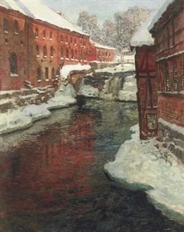 Snødekt by med elv og foss (Snow-covered town with waterfall) - Frits Thaulow