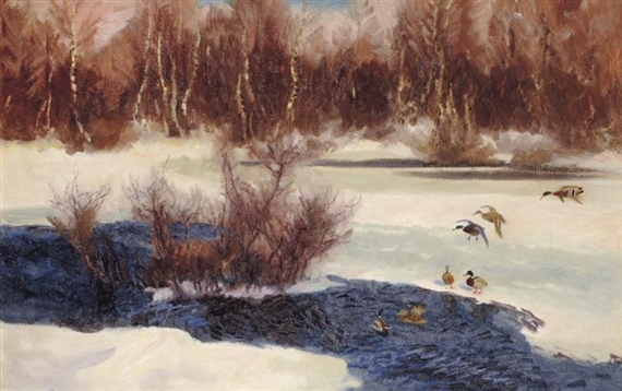 Gräsänder vid fruset vattendrag (Wild Ducks by frozen water) by Bruno Liljefors, Painted in 1918
