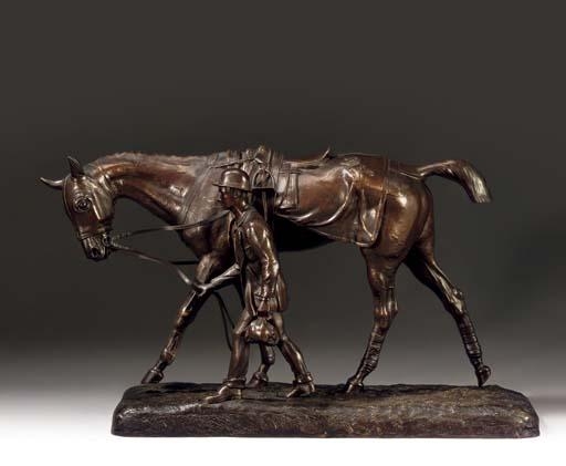 Artwork by Arthur Marie Gabriel Comte du Passage, Cheval marchant et son lad, Made of bronze, rich dark-brown patina