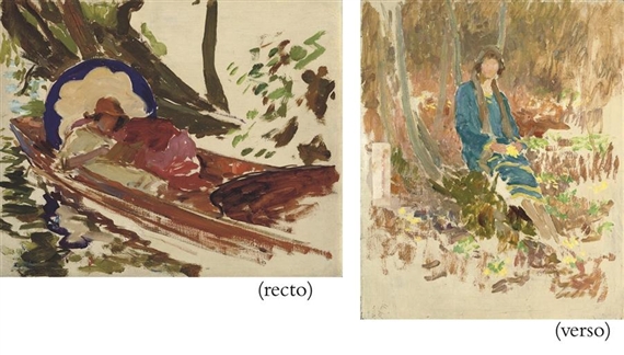 May, the artist's cousin in a boat on the River Waverney, Suffolk (recto), Portrait of a girl seated in a wood (verso) by Sir Alfred James Munnings