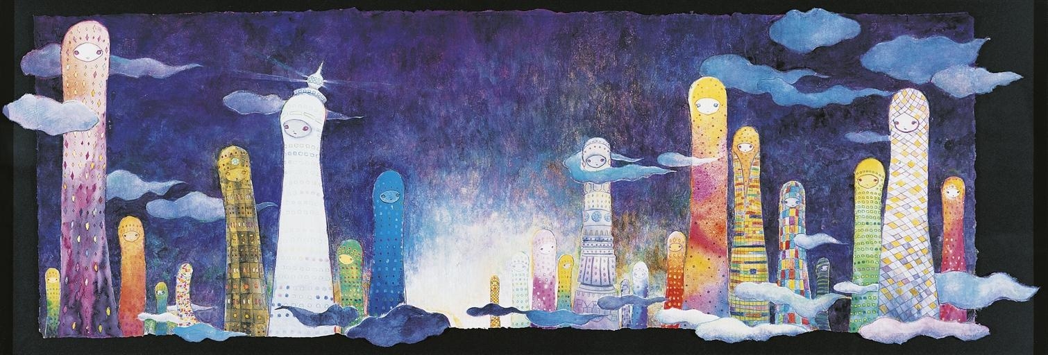 Artwork by Chiho Aoshima, We Like the Night, Made of pen, colour, pencil, watercolour, acrylic, wood glue and gesso on Japanese paper