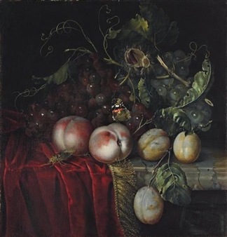A bunch of grapes, two peaches, plums and a chestnut, with a butterfly and a cockroach, on a partly-draped marble ledge - Anna Ruysch