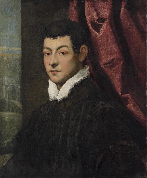 Artwork by Jacopo Tintoretto, Portrait of a gentleman, bust-length, in a black coat with a white collar, by a red curtain, Made of Oil on canvas