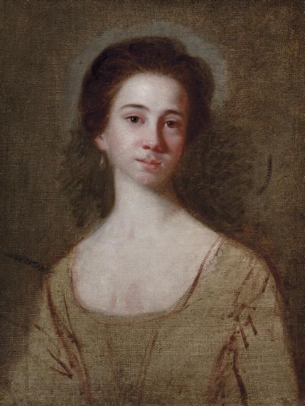 Portrait of a lady, bust-length, with pearl earrings, unfinished by Sir Joshua Reynolds