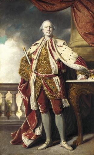 Portrait of James Hay (1726-1778), 15th Earl of Erroll, full-length, in Coronation robes, holding the baton of the Lord High Constable of Scotland, a tree and a balustrade beyond by Sir Joshua Reynolds