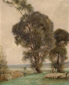 A shepherdess and her sheep in a misty landscape - Jules Munier