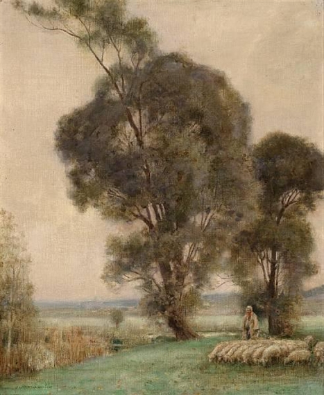 A shepherdess and her sheep in a misty landscape by Jules Munier