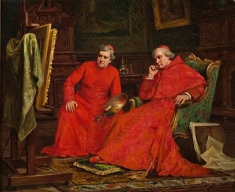 A formal portrait of two figures in red robes seated in a richly detailed interior.