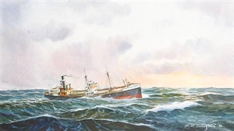 A watercolor seascape of a ship battling rough waves under an overcast sky.