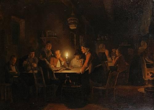 Tavern scene, playing draughts by candlelight by Pieter Geerard Sjamaar