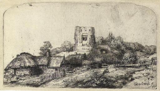 Landscape with a square Tower (B., Holl. 218; H. 245) by Rembrandt van Rijn, 1650