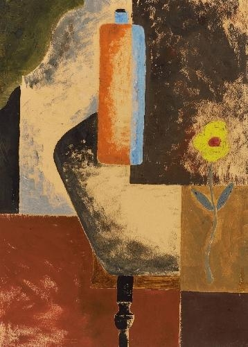 Artwork by Franz Wilhelm Seiwert, STILLEBEN MIT GELBER BLUME UND TONFLASCHE (STILL-LIFE WITH YELLOW FLOWER AND CLAY BOTTLE), Made of Oil tempera on firm cardboard