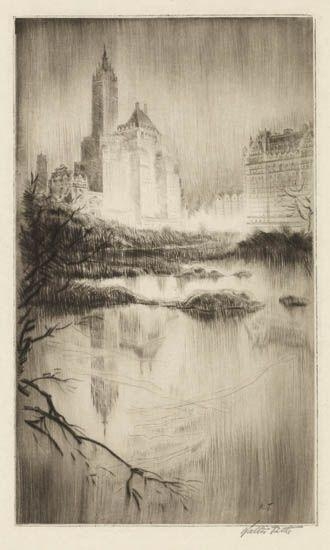 Artwork by Walter Ernest Tittle, Lake in Central Park; The Plaza, Sunset Glow, Made of drypoints
