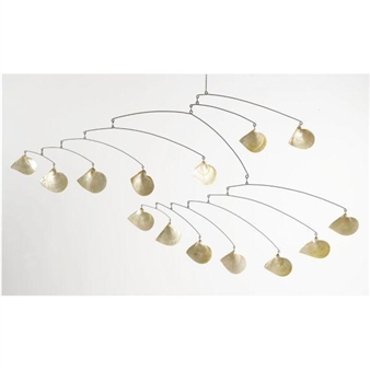 A minimalist mobile sculpture featuring curved metal rods and pale shell-like elements suspended against a plain background.