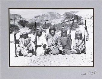 5 WORKS: Bin Ghabaisha and bin Kabina, Oman 1950;  HH Sheikh Zayed bin Sultan Al Nahyan holding a falcon;  Launching a dhow near Abu Dhabi 1948;  Thesiger in Arab dress, Empty Quarter;  Thesiger with his companions of the Rashid tribe who accompanied him through Rub Al-Kahli - Sir Wilfred Patrick Thesiger