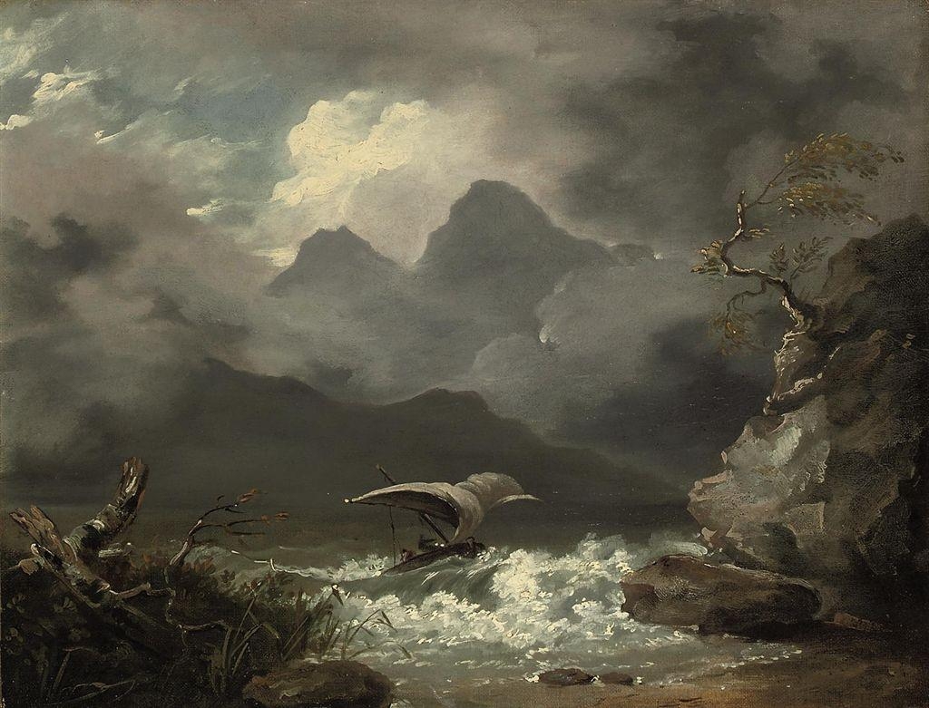 A mountainous coastal landscape with a sailing boat off a rocky shore by William Hodges