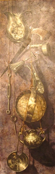 TROMPE L'OEIL WITH SILVER VESSELS AND TOOLS by Paul Gorka