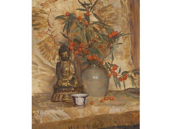A Still Life with a Buddha and a Bowl of fruiting Hawthorn