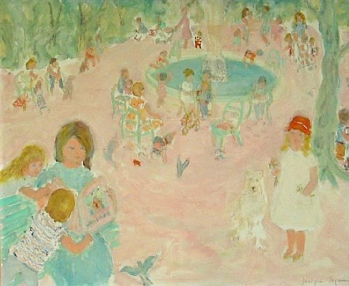 A park with children and a fountain by Jocelyne Seguin