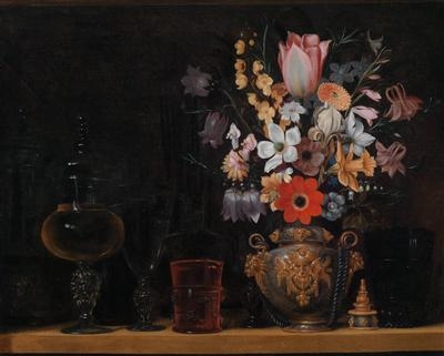 A still life with a bouquet of flowers and glass goblets by Georg Flegel