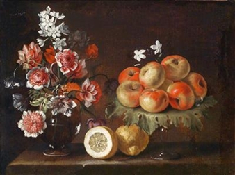 Still life with lemons, apples and flowers - Luca Forte
